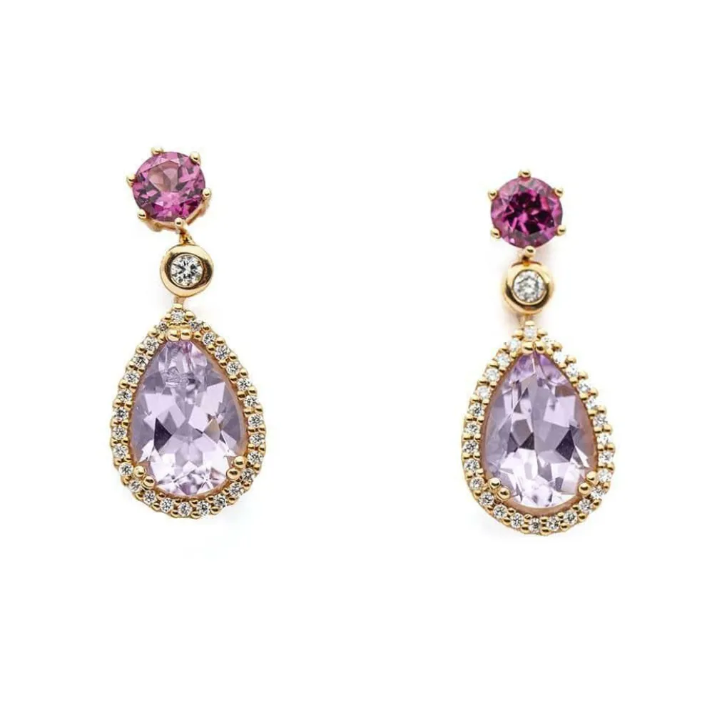 Boucles d'oreilles Or rose Diamants Améthyste Grenat