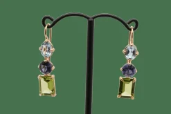 Boucles d'oreilles or rose, topaze, iolite et péridot