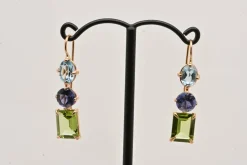Boucles d'oreilles or rose, topaze, iolite et péridot