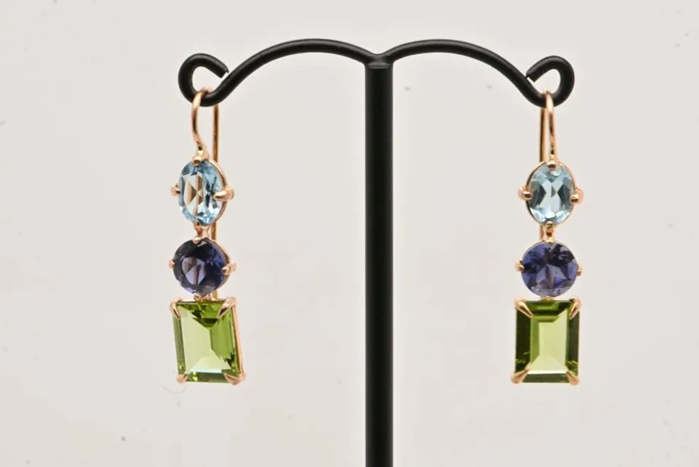 Boucles d'oreilles or rose, topaze, iolite et péridot