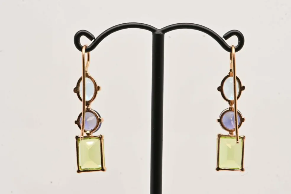 Boucles d'oreilles or rose, topaze, iolite et péridot