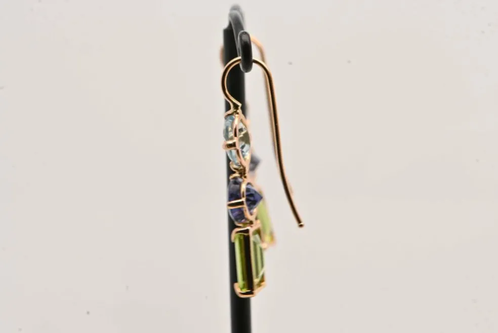 Boucles d'oreilles or rose, topaze, iolite et péridot