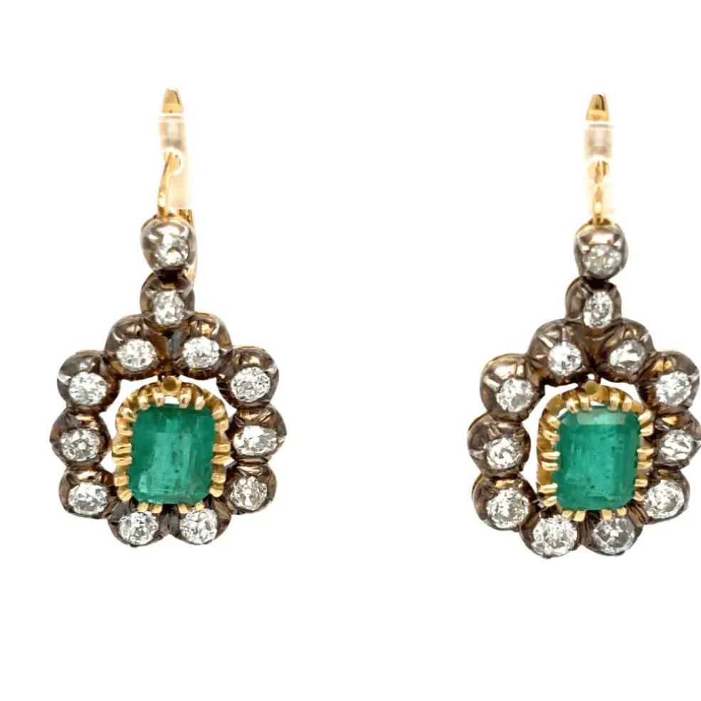 Boucles d'oreilles pendantes en or et diamants émeraude de Colombie Art Déco