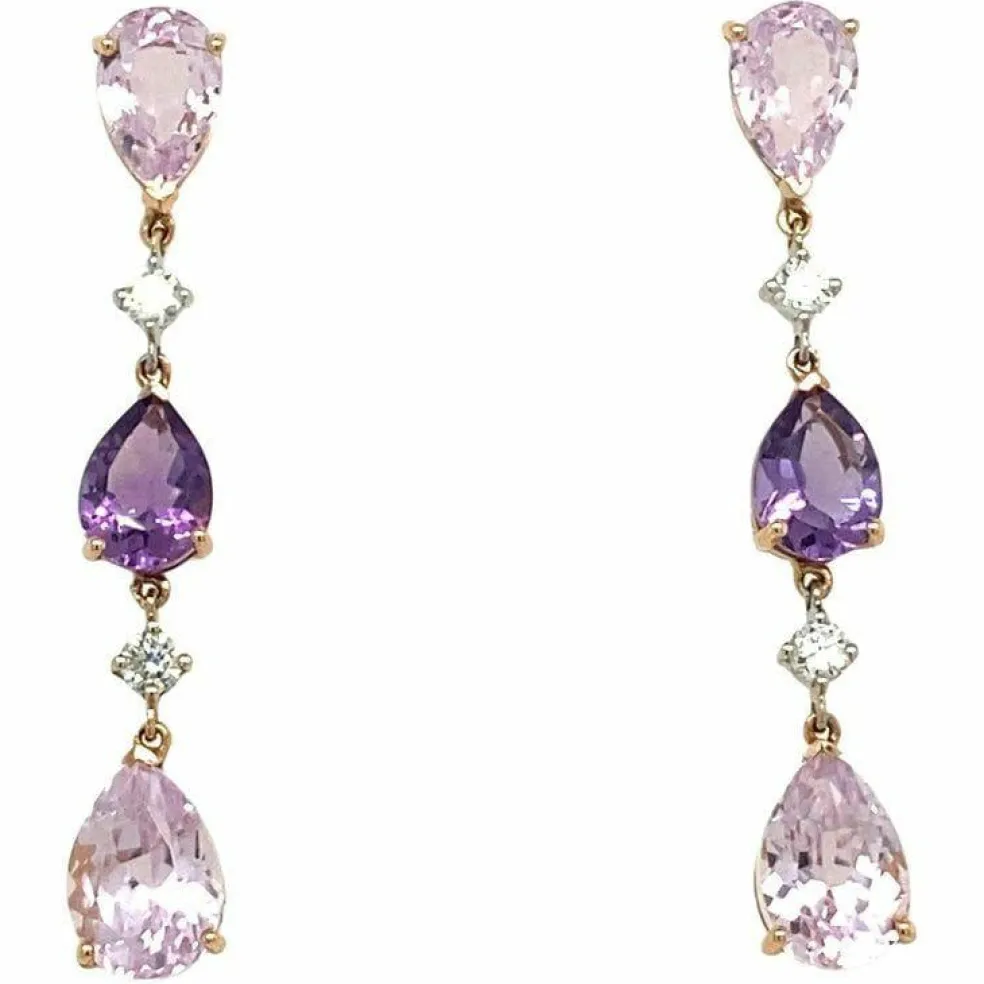 Boucles d'oreilles pendantes diamants améthyste kunzites