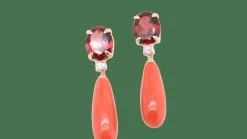 Boucles d'oreilles pendantes en or jaune avec grenat et tanzanite
