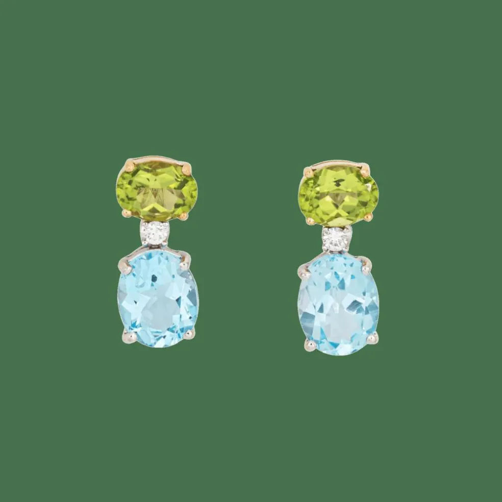 Boucles d'oreilles pendantes topaze bleue, péridot et diamants