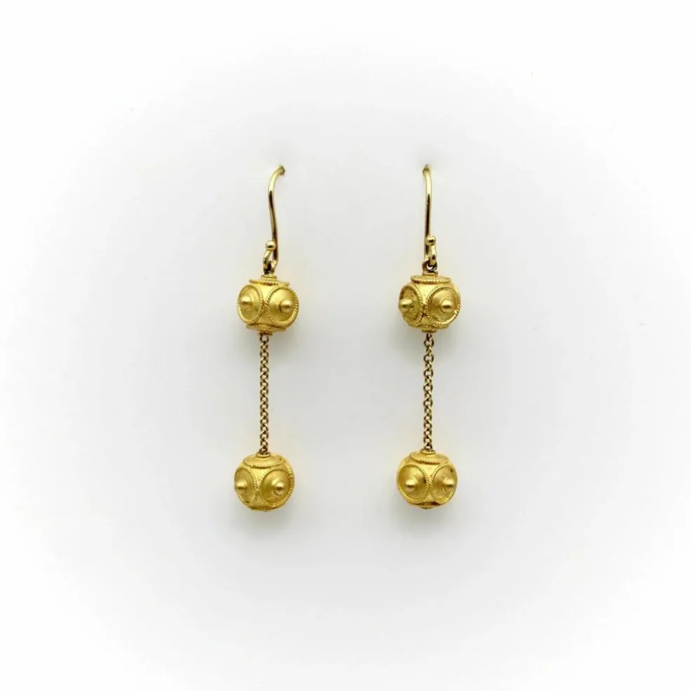 Boucles d'oreilles pendantes à double boule en or 18 carats de style étrusque