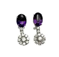 Boucles d'oreilles pendantes améthystes et diamants taille brillant