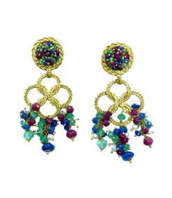 Boucles d'oreilles pendantes Rubis Saphirs Emeraudes Perles