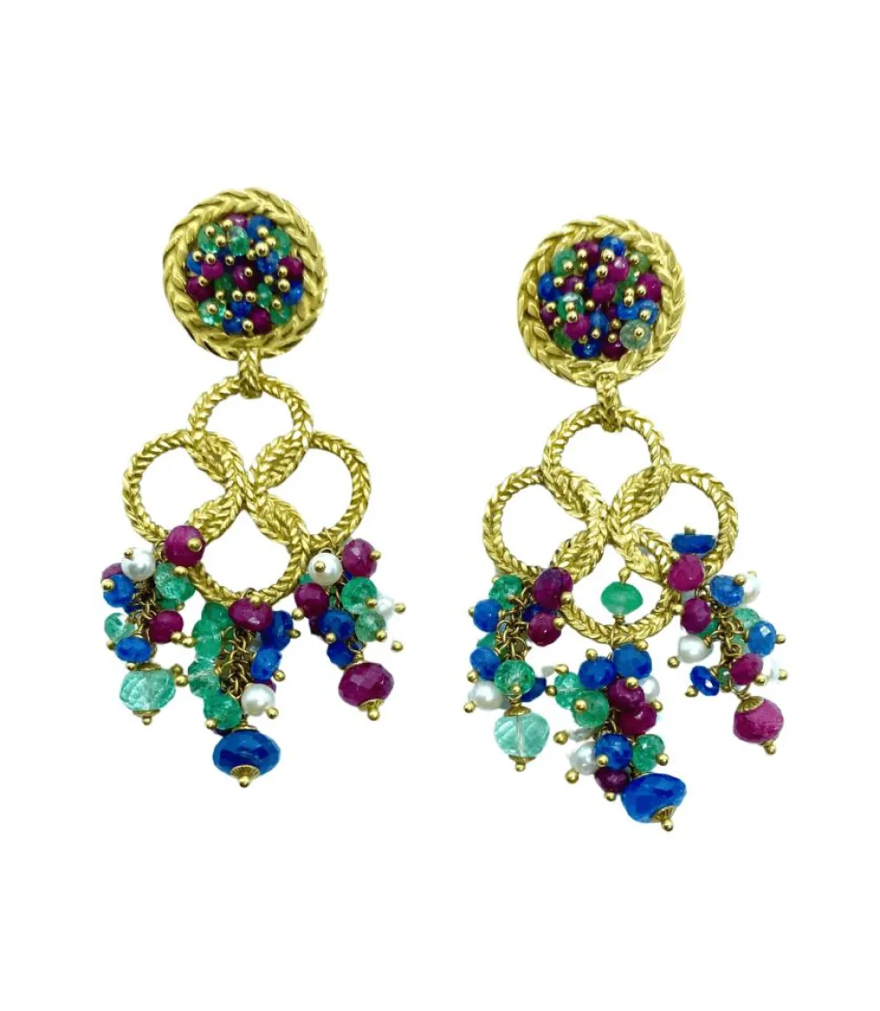 Boucles d'oreilles pendantes Rubis Saphirs Emeraudes Perles