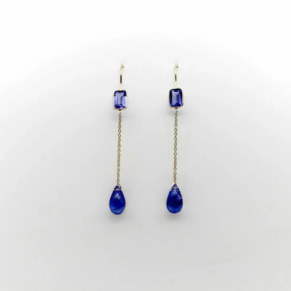 Boucles d'oreilles pendantes en or et tanzanite