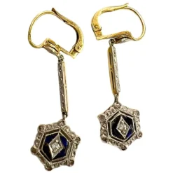 Boucles d'oreilles pendantes anciennes en or jaune 18 carats avec diamant et saphir