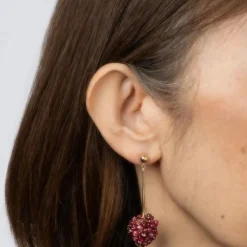 Boucles d'Oreilles Pendantes Framboise Grappe de Tourmaline Rose Vintage Or Jaune
