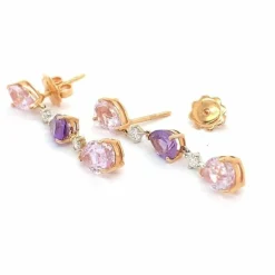 Boucles d'oreilles pendantes diamants améthyste kunzites