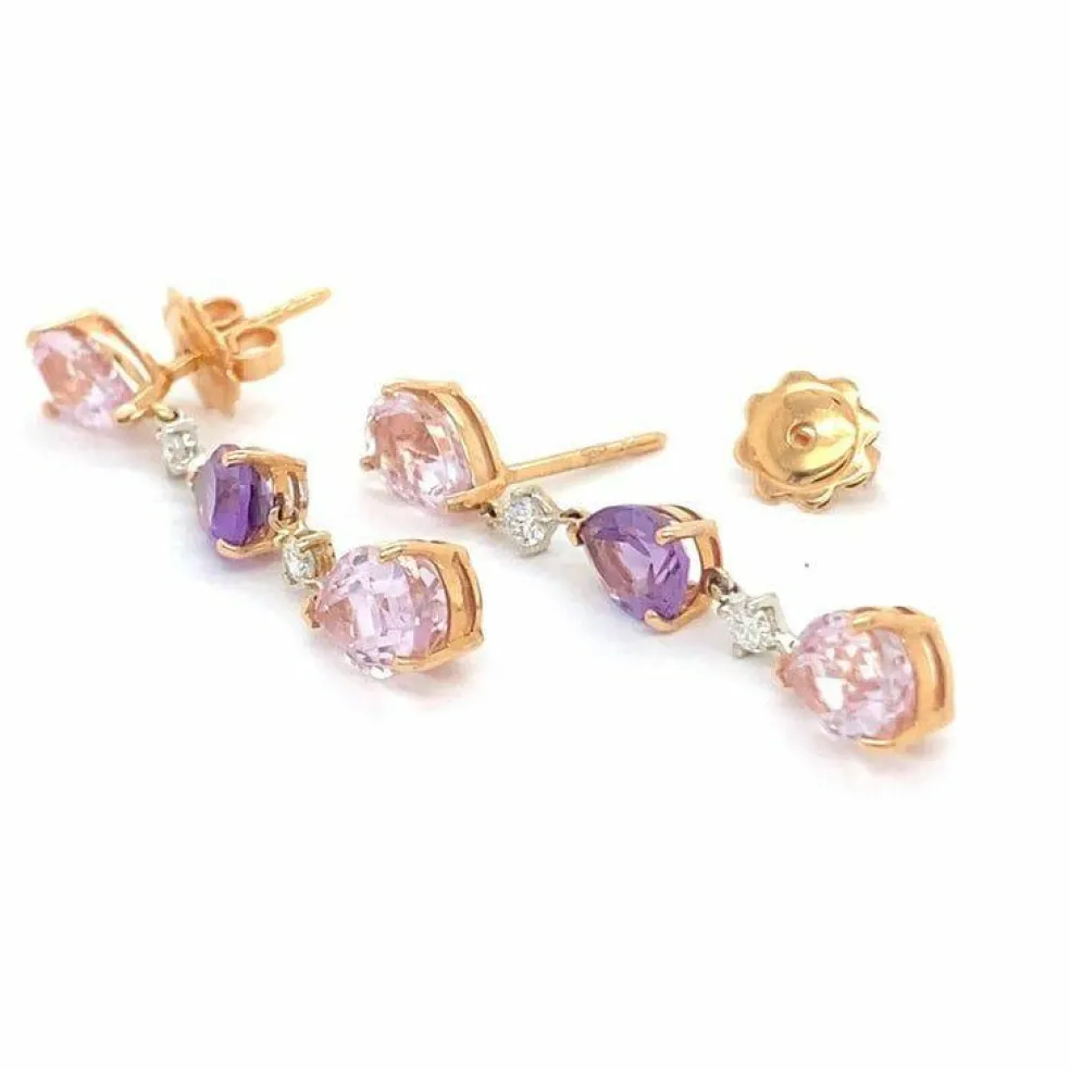 Boucles d'oreilles pendantes diamants améthyste kunzites