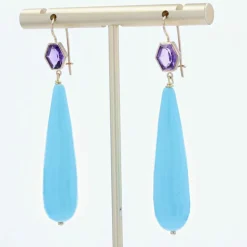 Boucles d'oreilles pendantes améthystes et turquoises