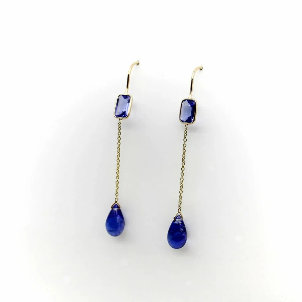 Boucles d'oreilles pendantes en or et tanzanite