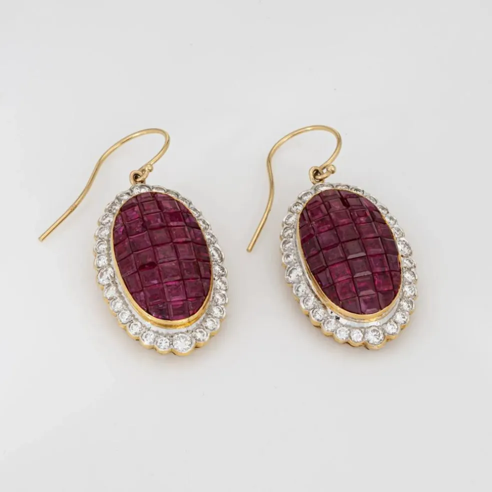 Boucles d'oreilles pendantes diamant rubis