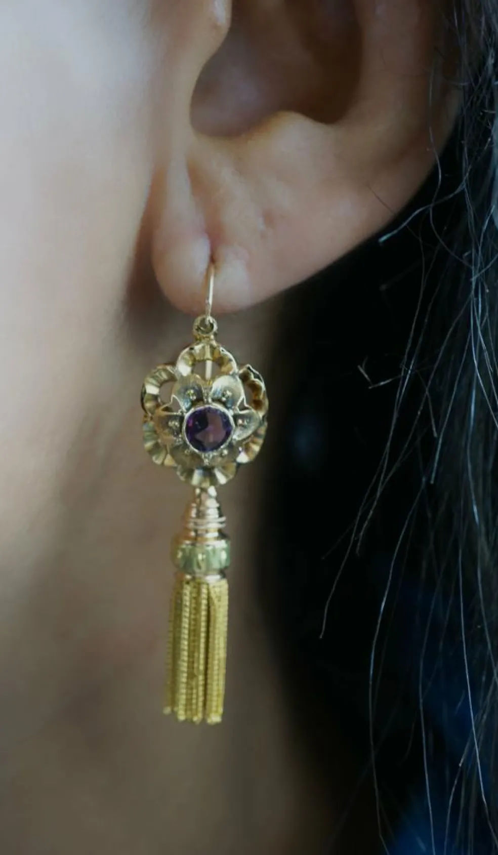 Boucles d'oreilles pendantes or et grenats Napoléon III