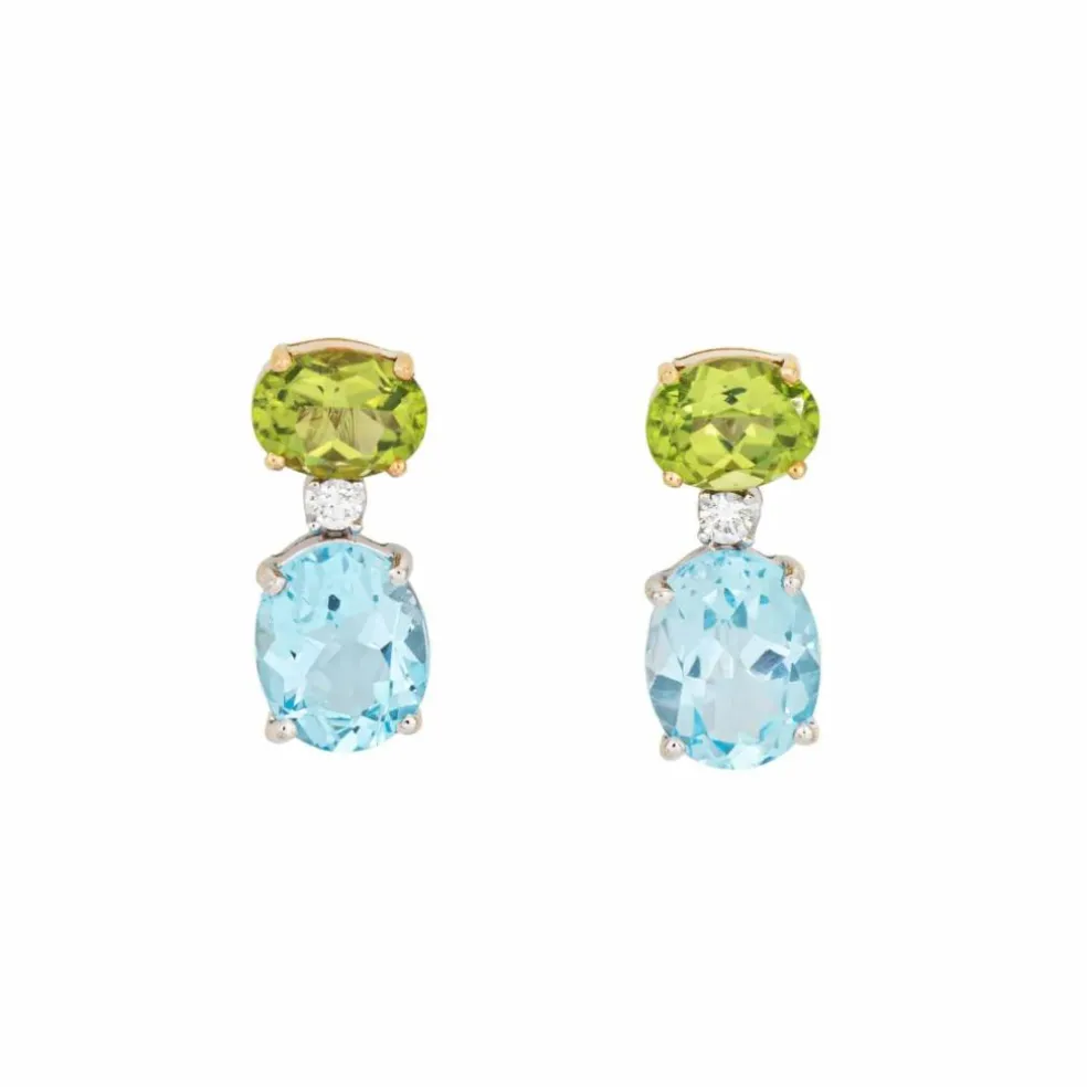 Boucles d'oreilles pendantes topaze bleue, péridot et diamants