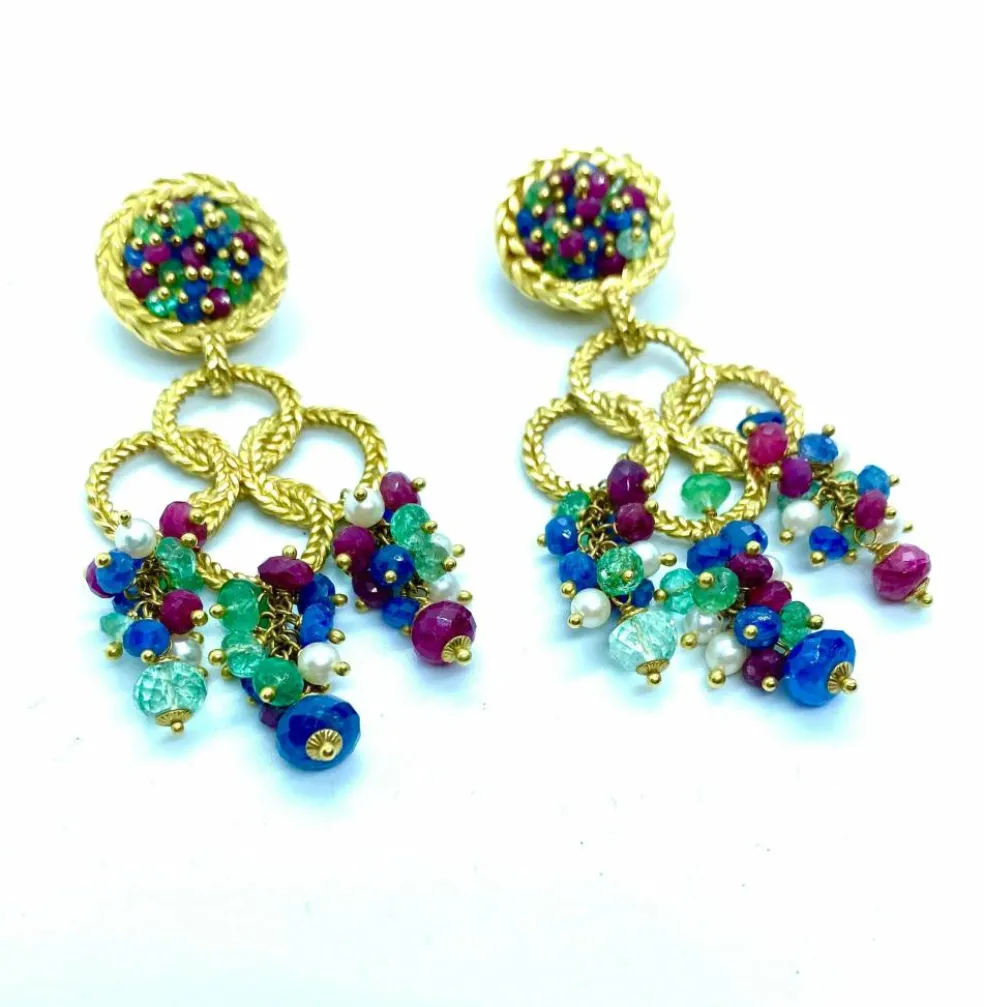 Boucles d'oreilles pendantes Rubis Saphirs Emeraudes Perles