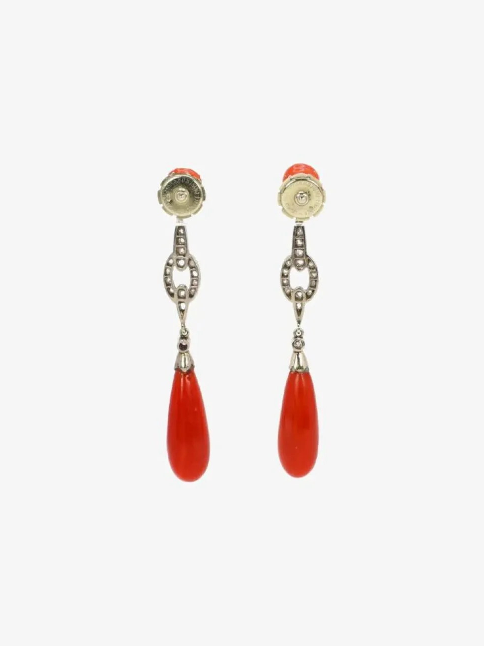 Boucles d'oreilles pendantes Art Deco corail rouge diamants taille rose