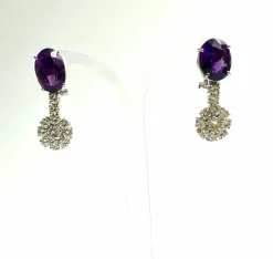 Boucles d'oreilles pendantes améthystes et diamants taille brillant