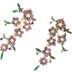 Boucles d'oreilles pendantes, diamants, perles, rubis