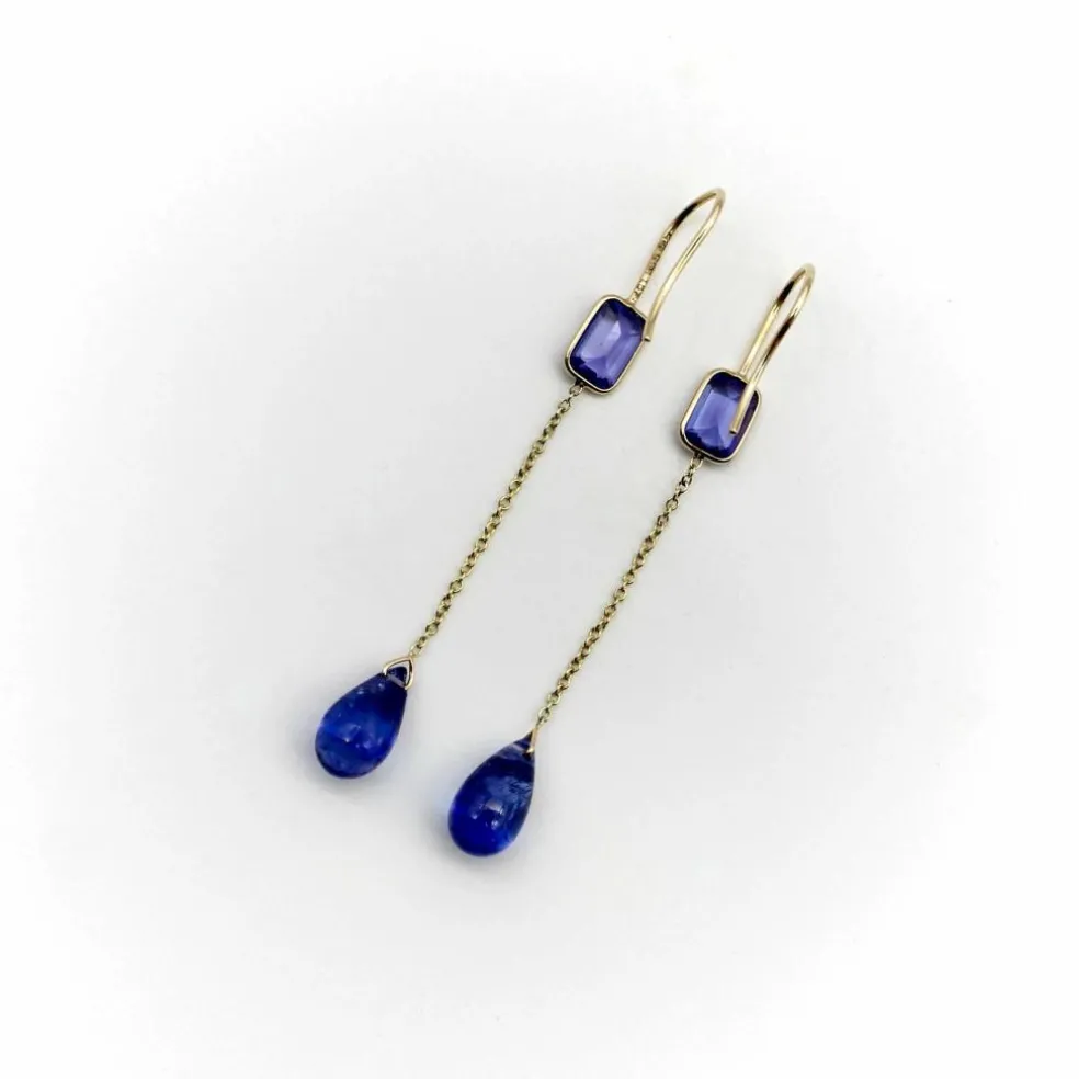 Boucles d'oreilles pendantes en or et tanzanite