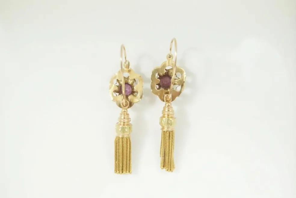 Boucles d'oreilles pendantes or et grenats Napoléon III