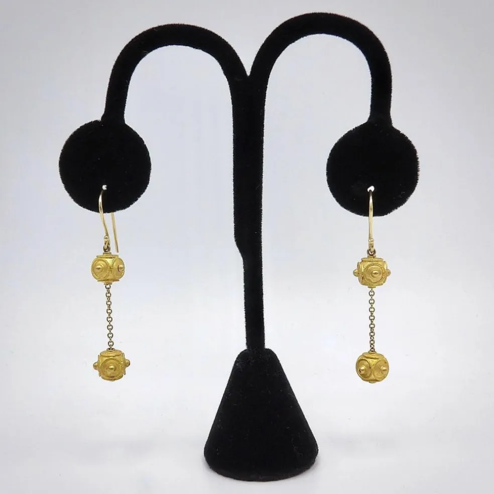 Boucles d'oreilles pendantes à double boule en or 18 carats de style étrusque