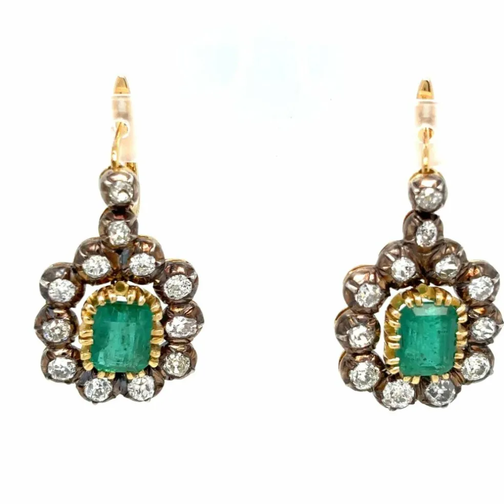 Boucles d'oreilles pendantes en or et diamants émeraude de Colombie Art Déco