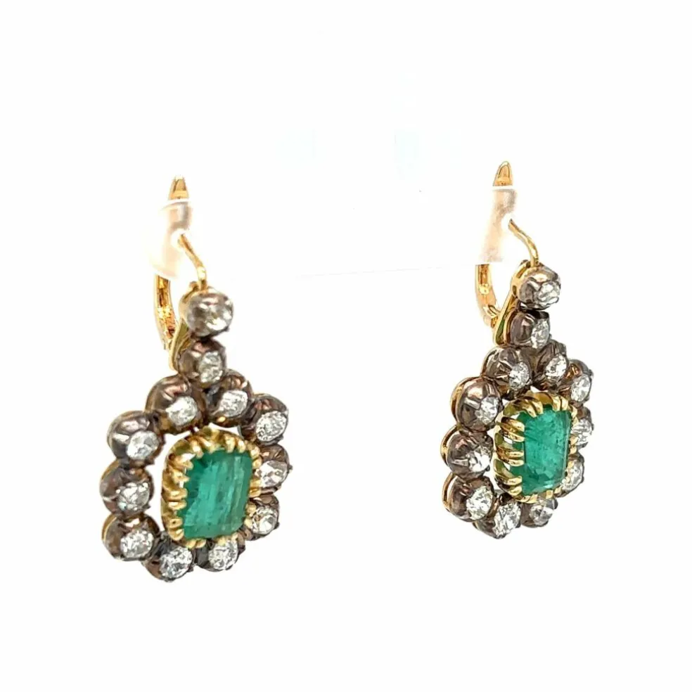 Boucles d'oreilles pendantes en or et diamants émeraude de Colombie Art Déco