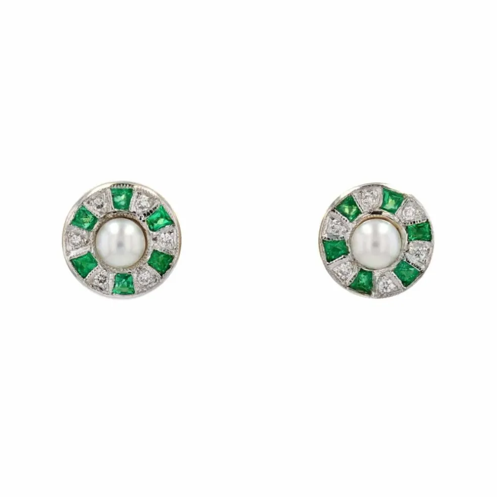 Boucles d'oreilles perles diamants et émeraudes calibrées