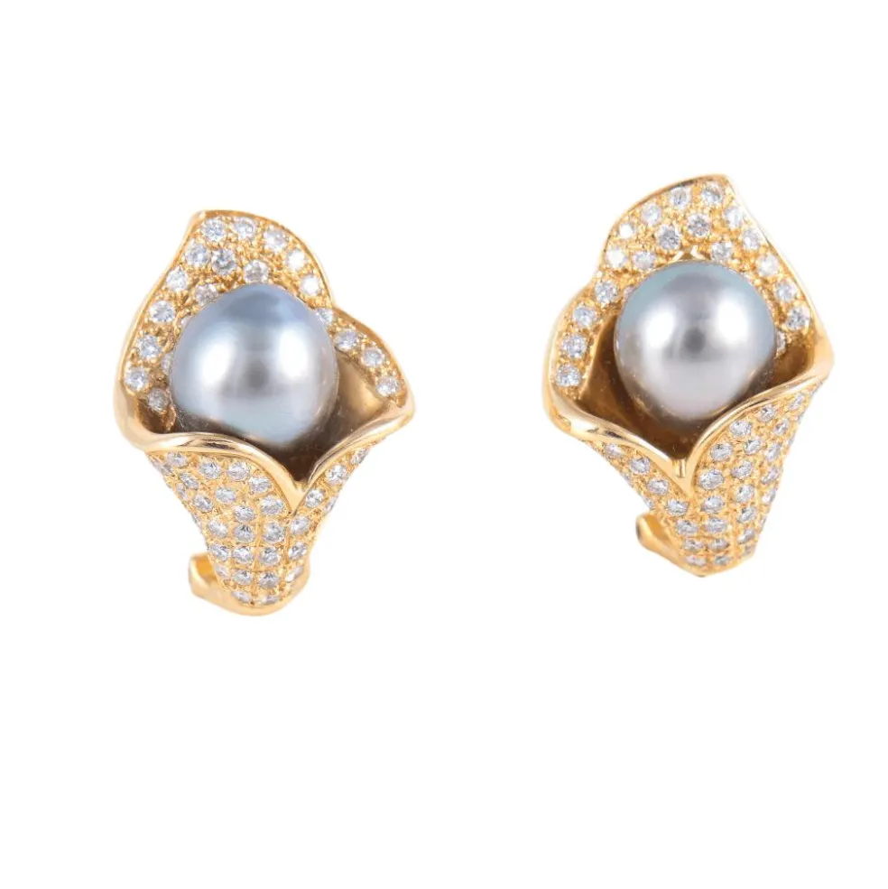 Boucles d'Oreilles Perles de Tahiti, Diamants, Or Jaune