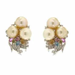 Boucles d'oreilles perles pierres de couleur et diamants