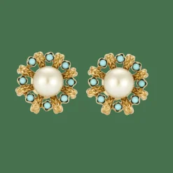 Boucles d'oreilles perles et turquoises en or jaune