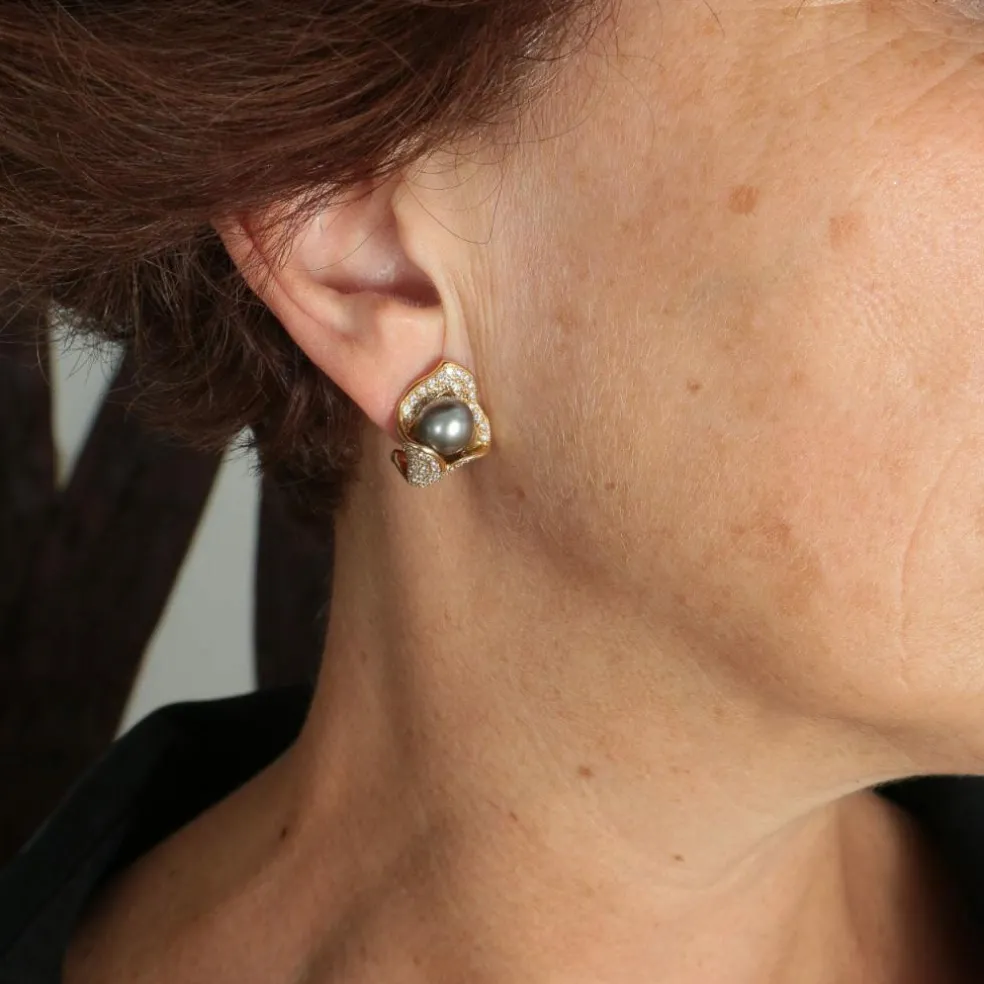 Boucles d'Oreilles Perles de Tahiti, Diamants, Or Jaune