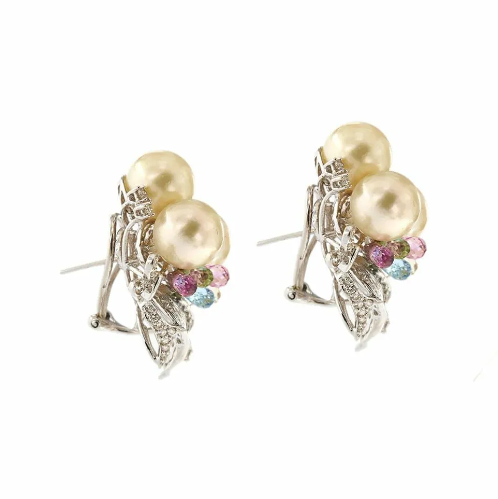 Boucles d'oreilles perles pierres de couleur et diamants