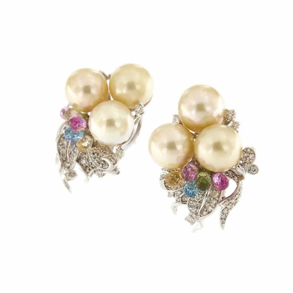 Boucles d'oreilles perles pierres de couleur et diamants