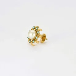Boucles d'oreilles perles et turquoises en or jaune