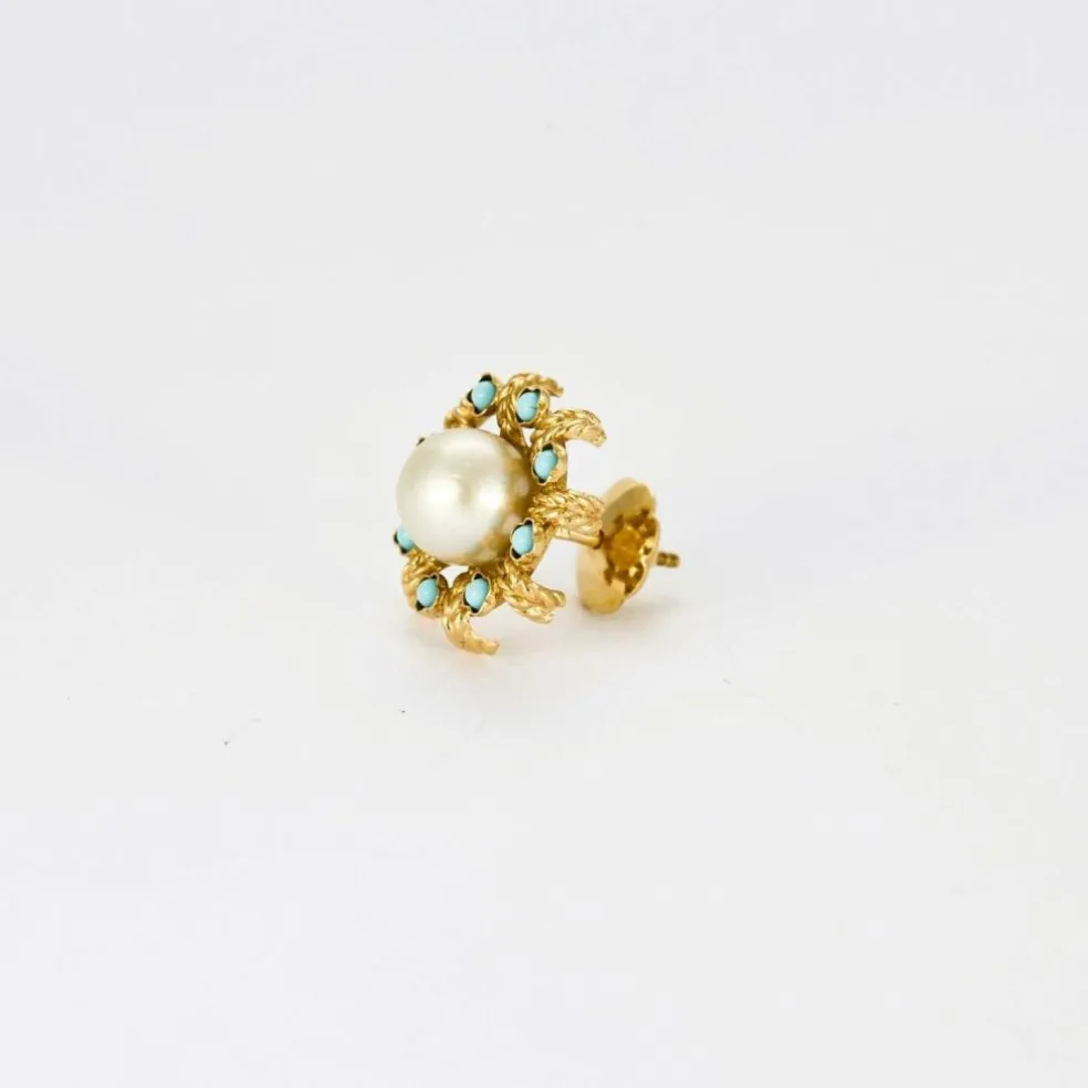 Boucles d'oreilles perles et turquoises en or jaune