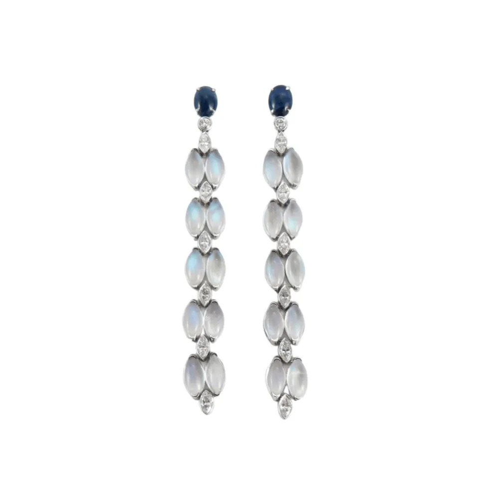 Boucles d'oreilles Pierre de lune Diamants et Saphirs