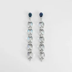 Boucles d'oreilles Pierre de lune Diamants et Saphirs