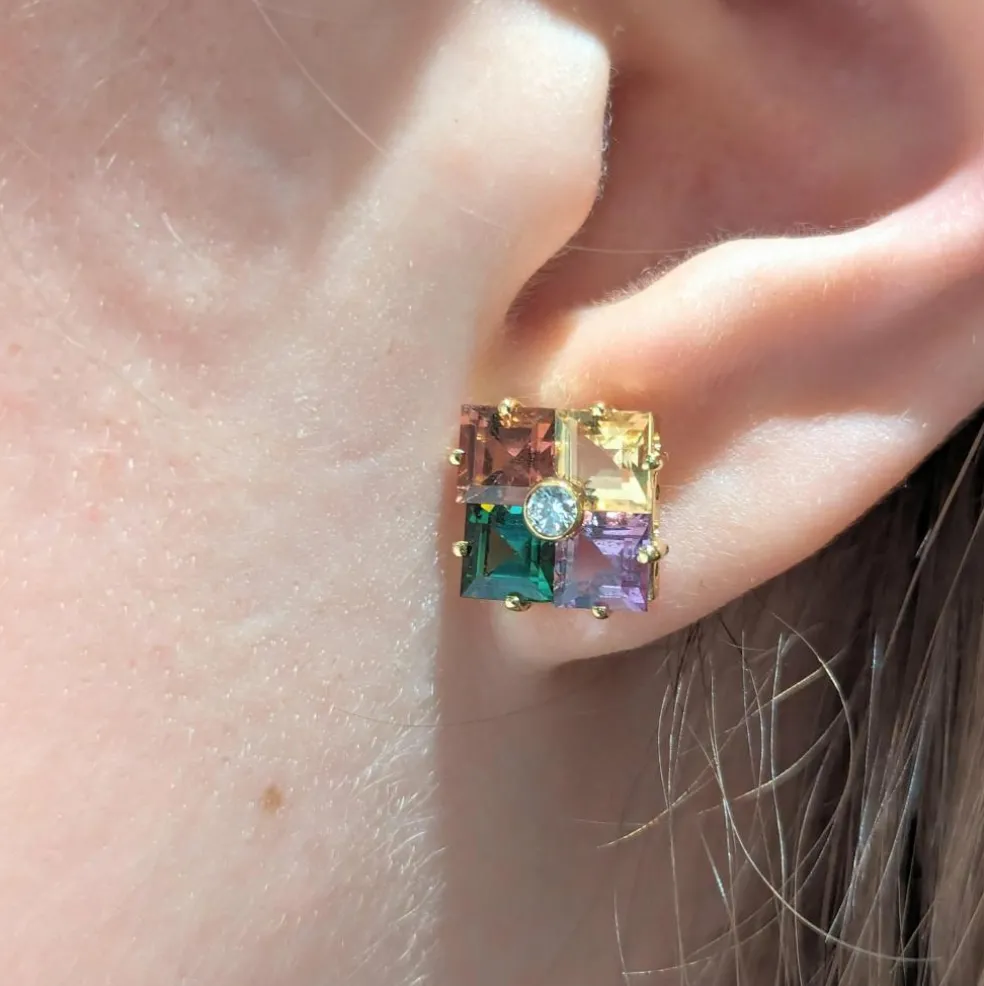 Boucles d'oreilles pierres multicolores or jaune