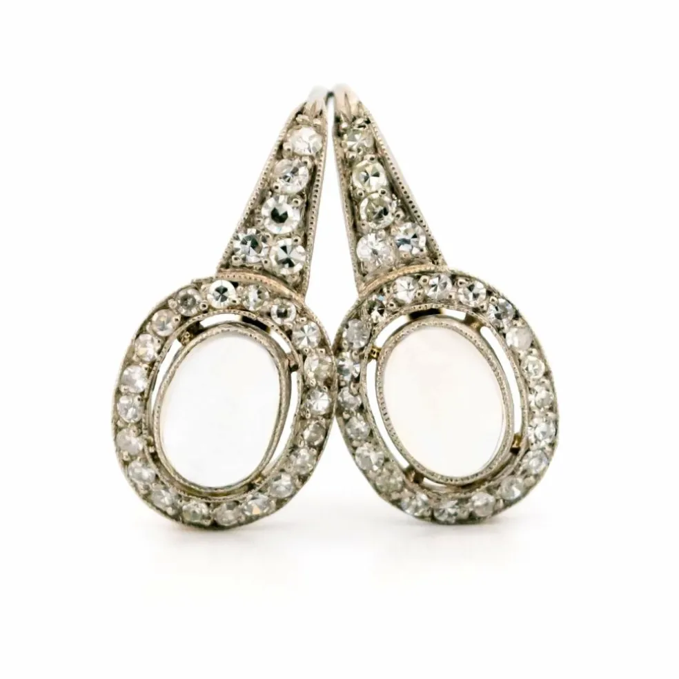 Boucles d'oreilles Platine Or grappe de Diamants et Pierre de Lune