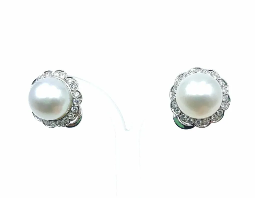 Boucles d'oreilles Platine Perles Diamants