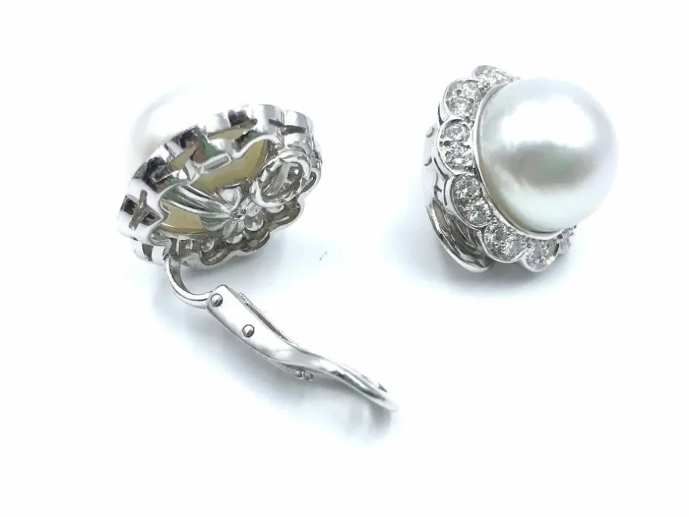 Boucles d'oreilles Platine Perles Diamants