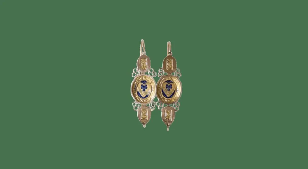 Boucles d'oreilles poissardes coeur et fleur émail sur or rose et jaune