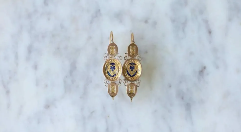 Boucles d'oreilles poissardes coeur et fleur émail sur or rose et jaune